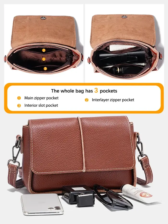 Zency-Sac à main en cuir de vachette pour femme, sac messager rétro, sac carré simple, petit rabat,