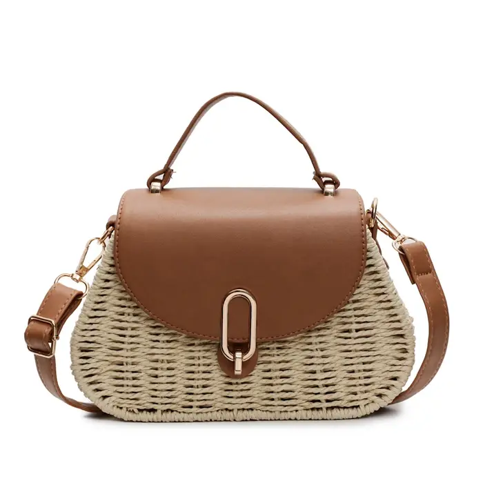 Sac de plage en paille et cuir PU, sac à bandoulière d'été avec rabat, sac à main fait main à poigné