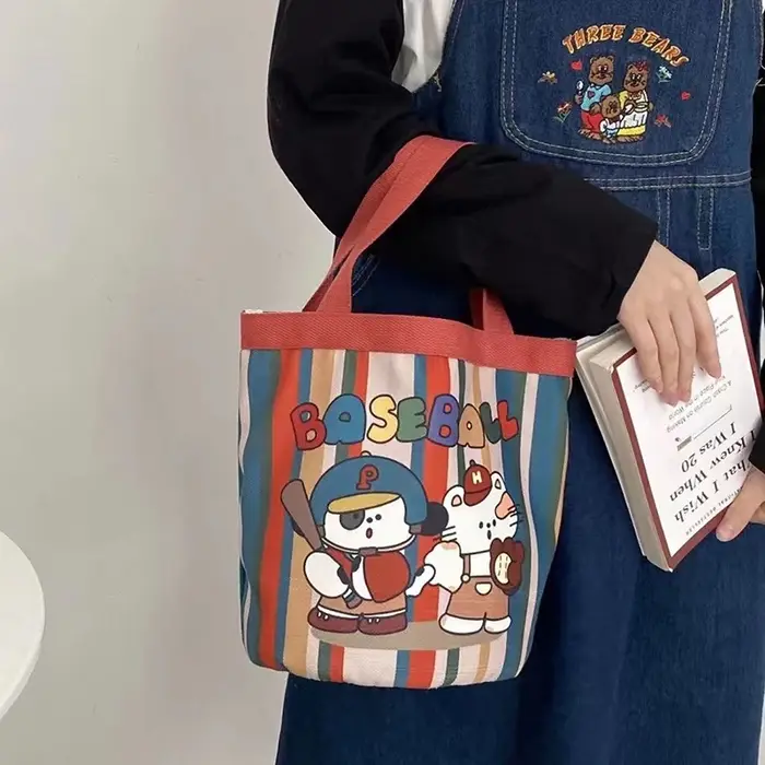Sac fourre-tout décontracté en toile pour femme, sac à lunch imprimé dessin animé, sac à provisions,