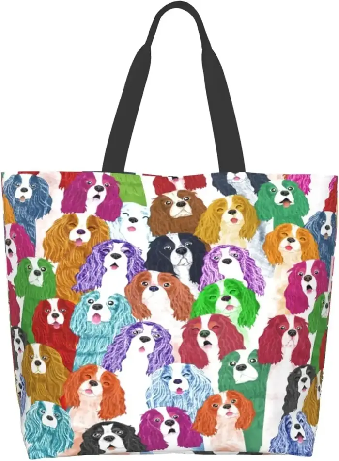 Sac fourre-tout coloré King Charles Spaniel Cartoon, sac à provisions décontracté, sacs réutilisable
