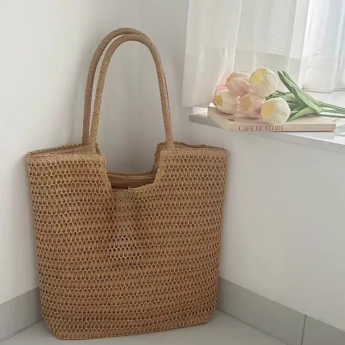 Sac fourre-tout en paille tressée grande taille pour femme, collection été 2026 – Sac à main polyval