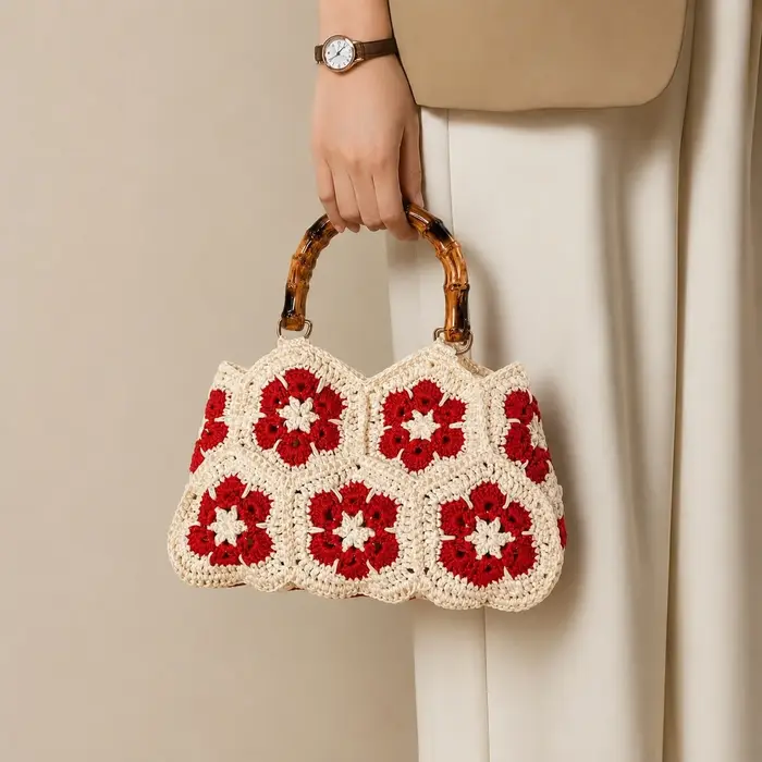 Sac en crochet floral tissé à la main avec une belle poignée – Sac fourre-tout rétro style Granny Square pour femme