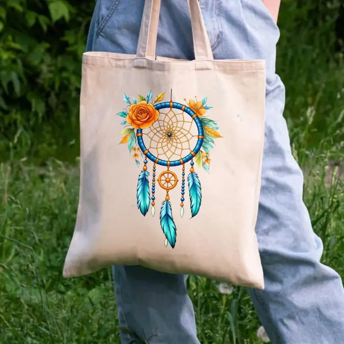 Sac fourre-tout en toile Dream Catcher avec imprimés floraux blancs et plumes pour un usage quotidien et un shopping