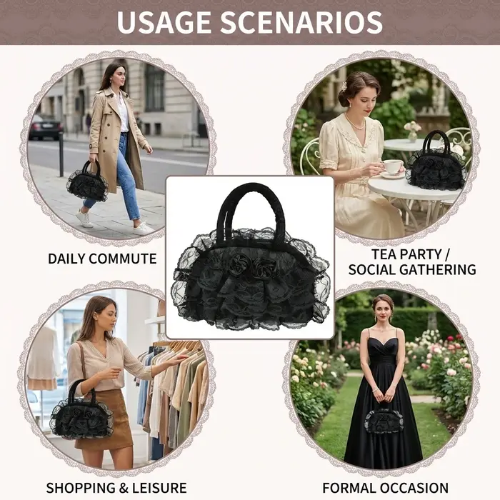 Sac à main de style rétro pour femmes avec garniture à volants en dentelle pour les voyages quotidiens