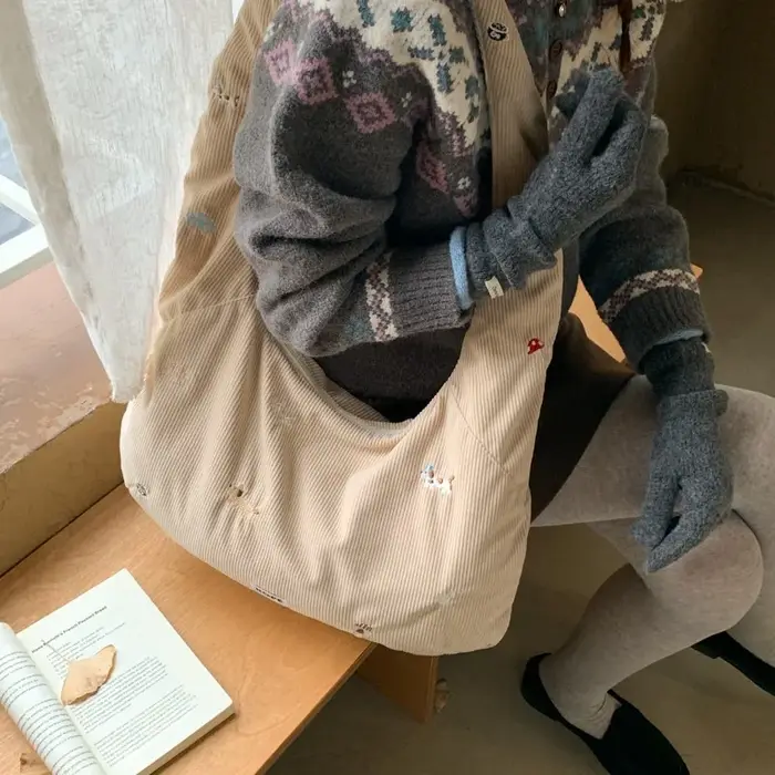Velours côtelé broderie moraillon fourre-tout décontracté haute capacité trajet Simple sacs à bandoulière 2026 nouveaux