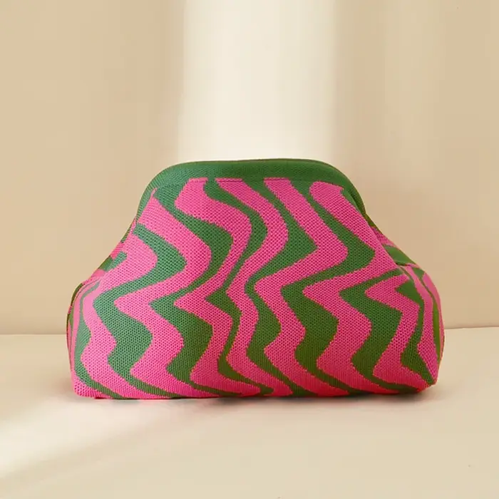 Pochette tricotée transfrontalière motif ondulé bloc de couleur sac à main léger à la mode style minimaliste urbain tapis en polyester...