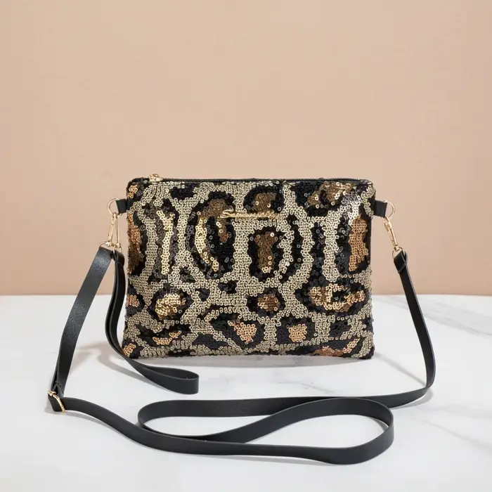 Sac à bandoulière pour femme avec broderie de sequins et imprimé léopard