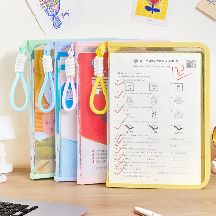Sac de rangement de documents transparent à fermeture éclair avec clip