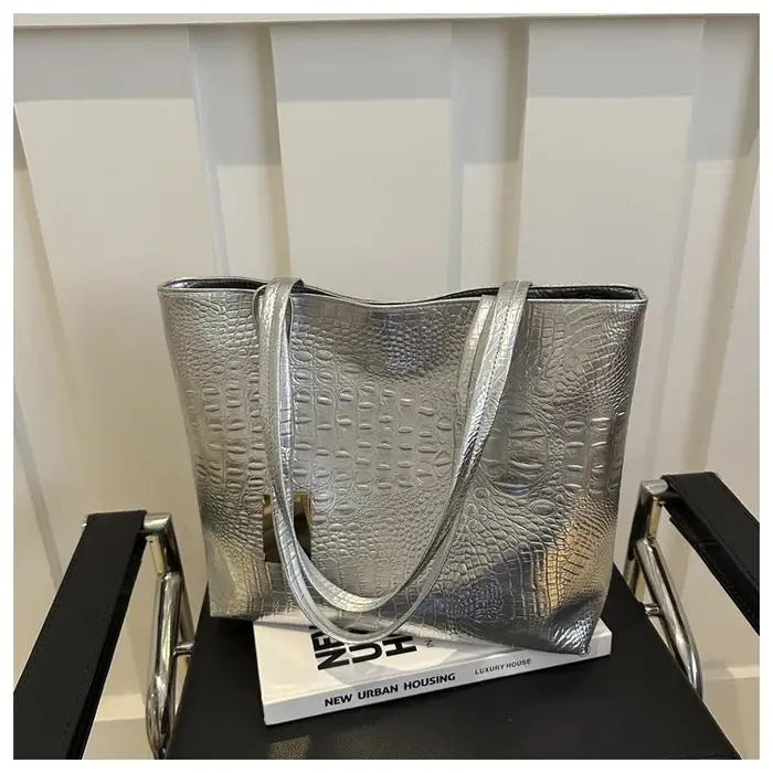 Mode décontracté femmes sacs à bandoulière argent or noir Crocodile Sac à main en cuir PU femme grand Sac fourre-tout