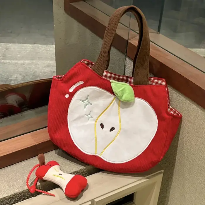 Sac à main pomme rouge créatif et mignon en velours côtelé