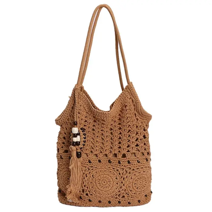 Sac fourre-tout bohème en crochet avec franges perlées, sac tricoté ajouré, style vacances, style et