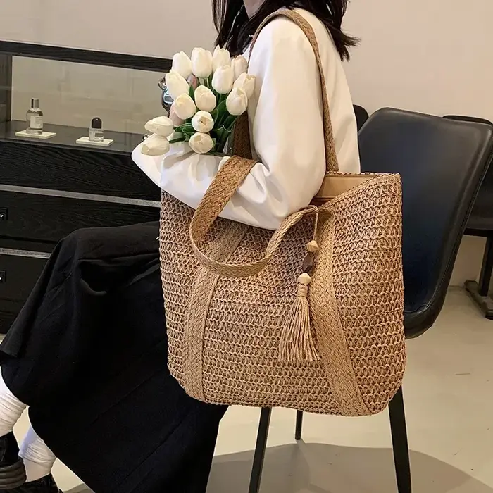 Elegant Ladies Straw Woven Handbag Women Holiday Beach Commute Casual Tote Top-Handle Bags Fashion Retro Shoulder