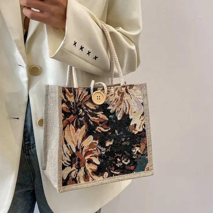 Sac à main portable en lin pour femme, style ins, sacs à main pour étudiants, sacs à poignée supérie