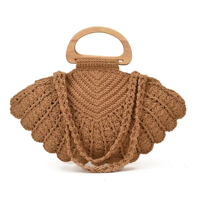 Sac à main en crochet en forme de coquillage avec bandoulière en bois