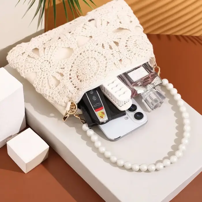 Sac à main femme style français élégant en dentelle avec chaîne de perles