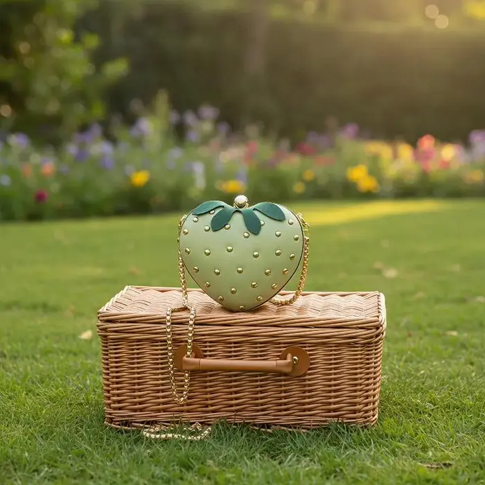 Sac bandoulière rouge en cuir motif fraise avec clous dorés et chaîne