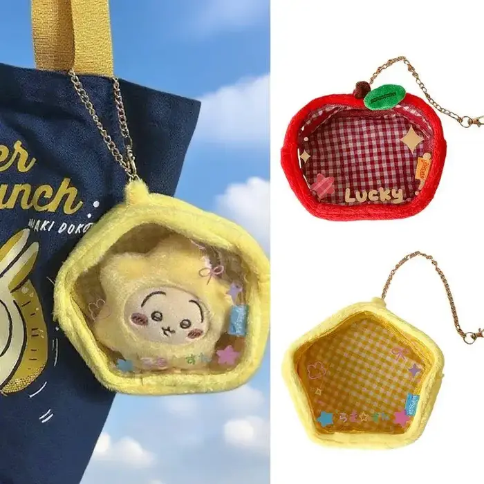 Dessin animé étoile pomme en peluche sac de rangement pendentif mignon porte-monnaie pochette porte-clés portefeuille Transparent clair Mini sac de rangement organisateur