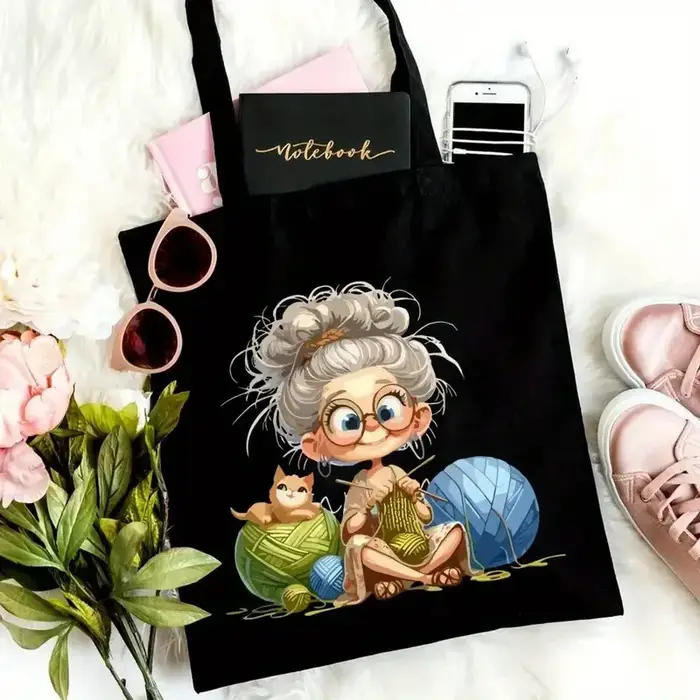 Sac à main esthétique en toile au crochet pour grand-mère - Sac à bandoulière réutilisable écologique avec imprimé