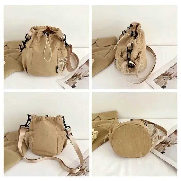 Sac seau coréen uni en nylon froissé avec cordon de serrage