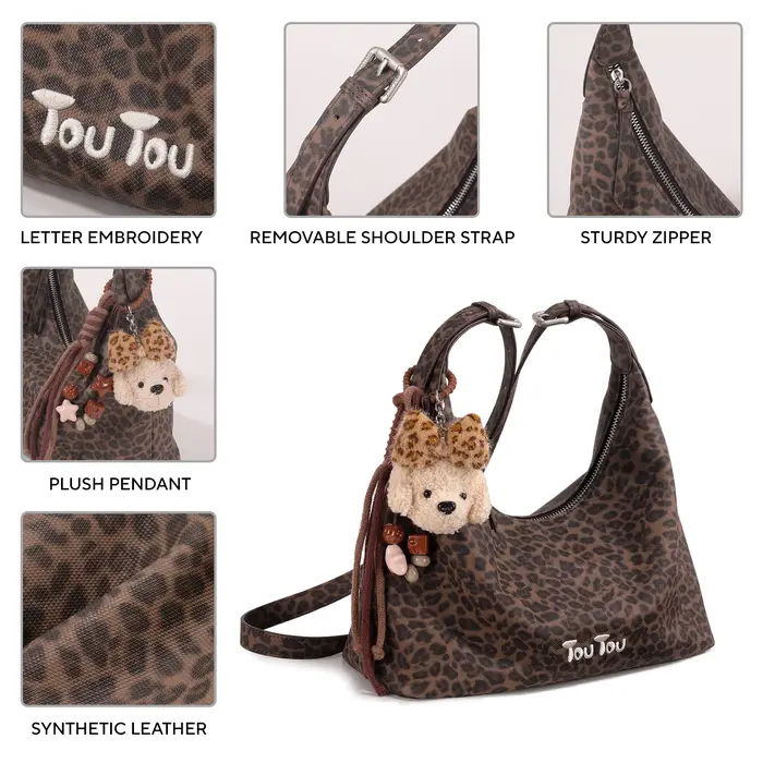 Sac à bandoulière toutou y2k à imprimé léopard, avec pendentif chiot mignon, sac hobo de grande capa