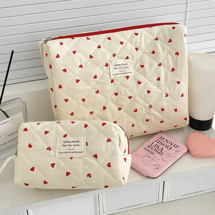 Mode Ins coeur femmes Quilting sac de maquillage grande capacité toilette cosmétique pochette de rangement sac à main