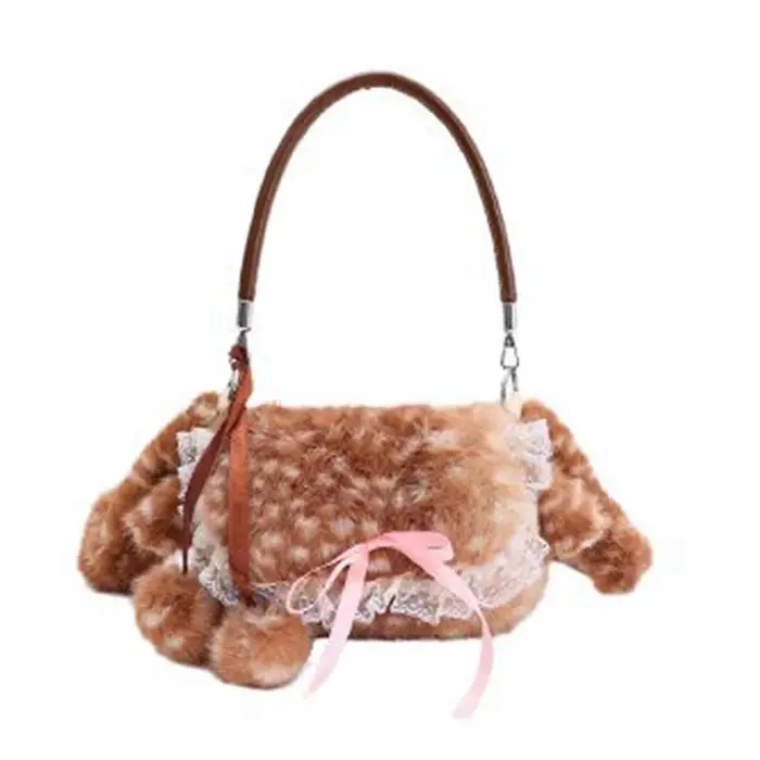 Sac à main en peluche Lolita, joli sac à bandoulière en fausse fourrure avec nœud en dentelle, sac à