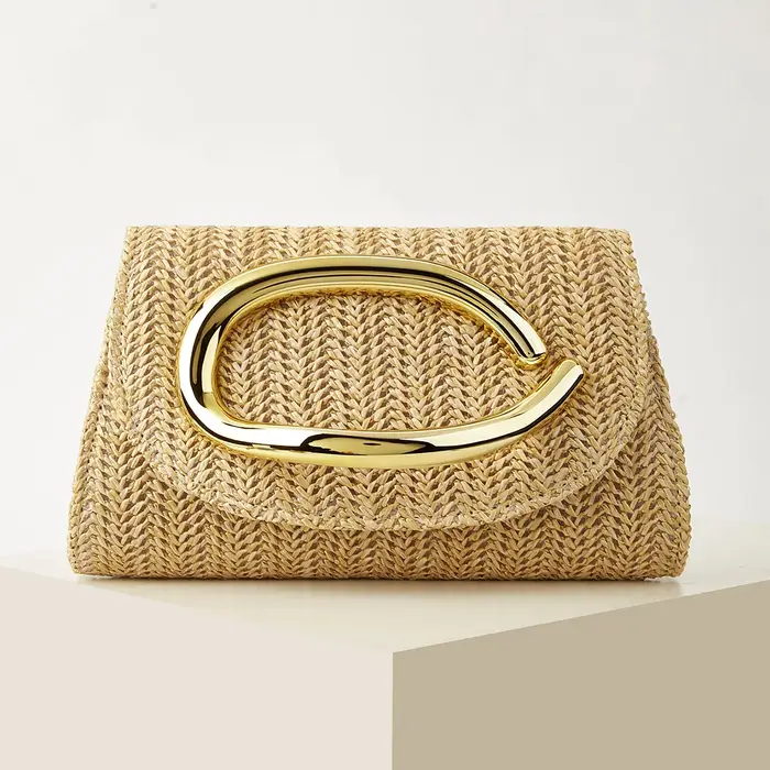 Pochette tissée pour femme avec rabat, poignée élégante, bandoulière amovible, couleur unie simple, 