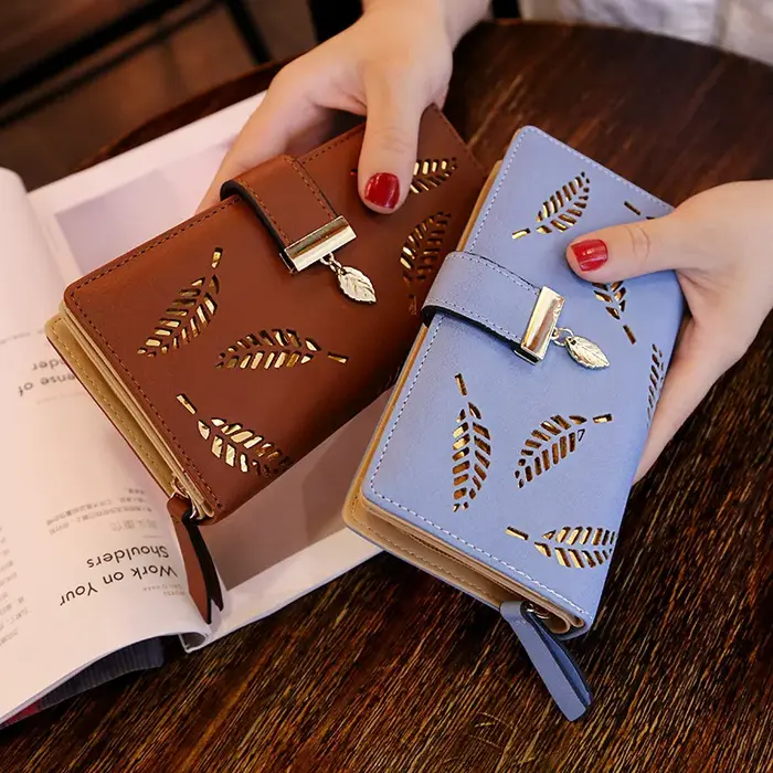 Dames mode portefeuille en cuir PU téléphone sac à main femme feuilles creuses pochette sac à main pour femmes porte-cartes de monnaie longs portefeuilles