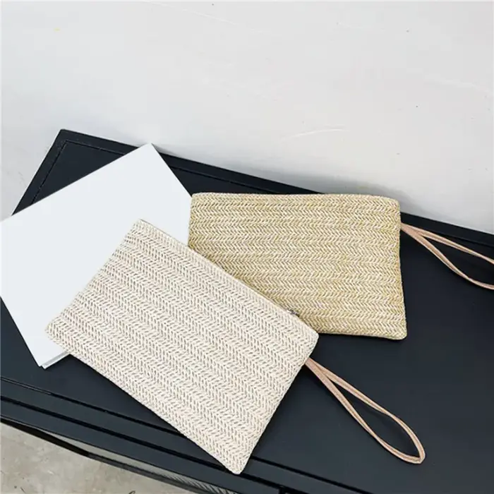 Pochette pour femmes sac à dos fait à la main mode dames bracelet fille téléphone solide paille tissé porte-monnaie plage portefeuille frais doux