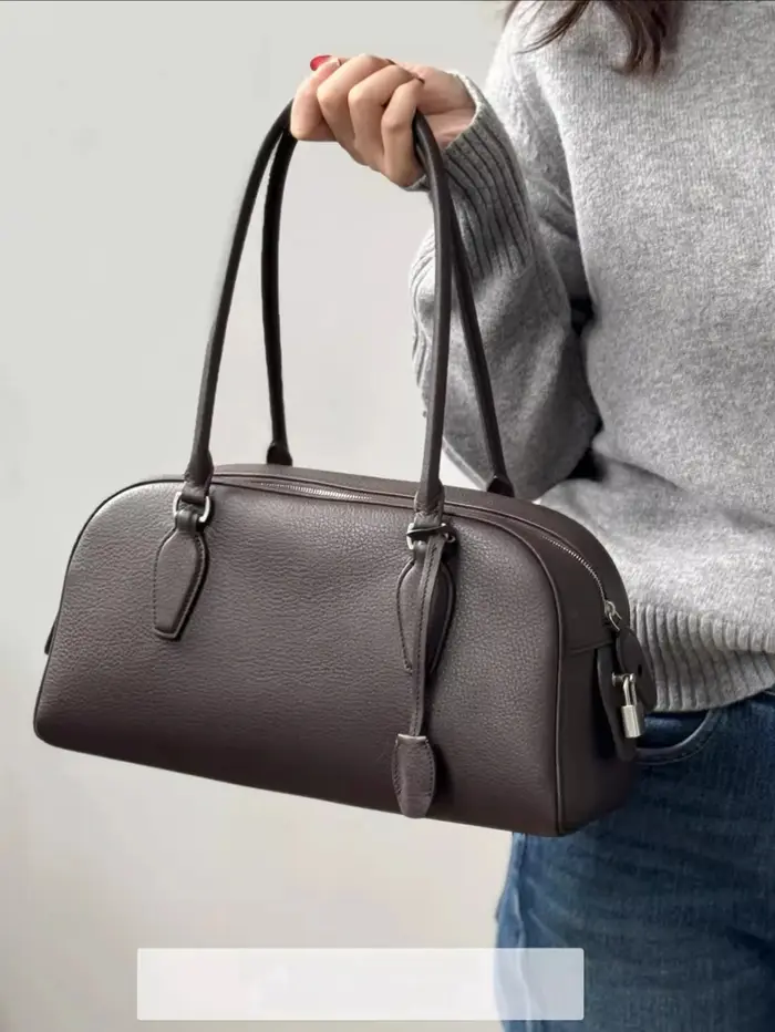 Sac de style français au design de niche, sac bowling Boston en cuir de vachette première couche, sa