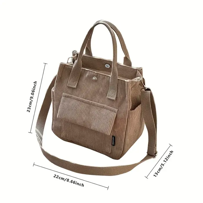Sac fourre-tout en velours côtelé lavable à la main avec plusieurs poches, sac à bandoulière ou à bandoulière quotidien, cartable de couleur unie pour un usage quotidien