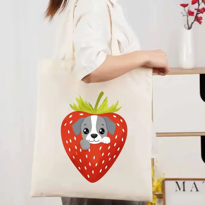 Sac fourre-tout en coton imprimé chien fraise blanc pour un usage quotidien, un shopping et un voyag