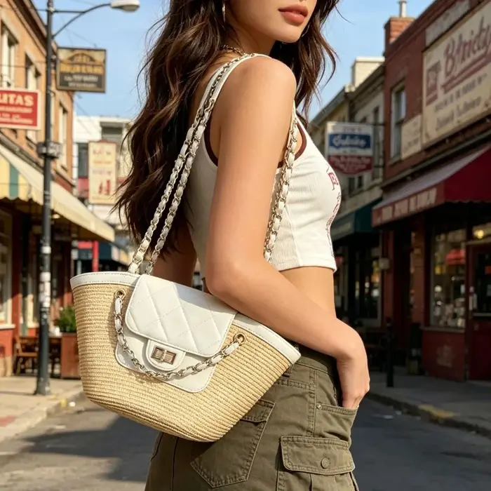 Nouveau Sac Fourre-tout de Plage en Paille Tressée Fait Main pour Femme