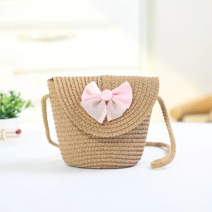 Sacs de paille à nœud rose pour filles, Mini sac à bandoulière à rabat, voyage en plein air, clés de