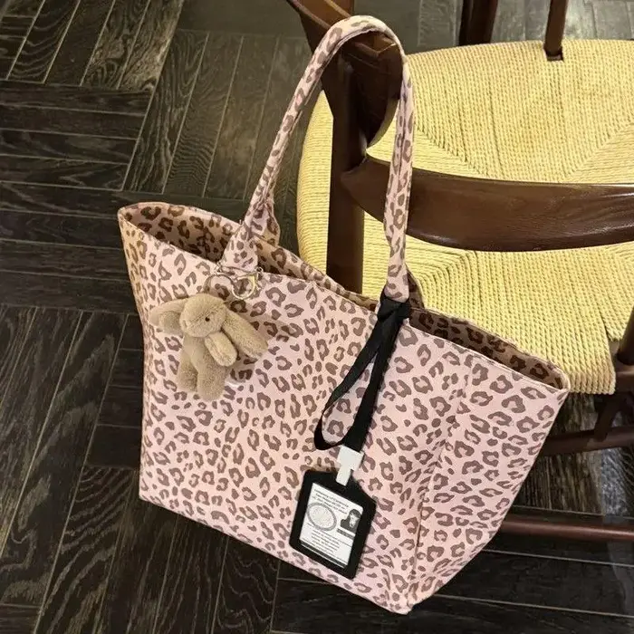 Sac fourre-tout en toile imprimé léopard rose, grande capacité, sac à bandoulière, sac à main tendan