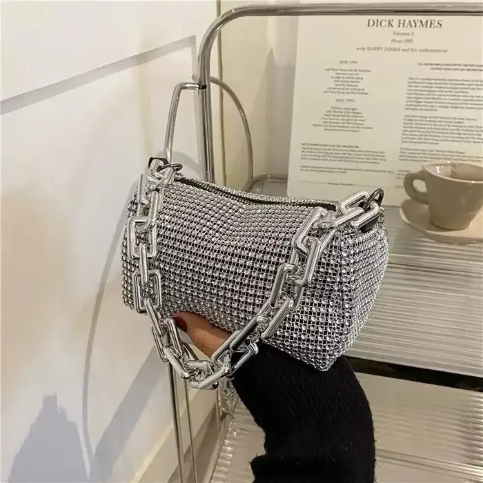 Sac seau entièrement orné de strass, sac à main de soirée à chaîne scintillante, mini sac bandoulièr