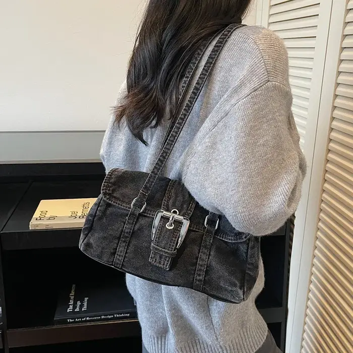 Sac à bandoulière en jean délavé style rétro