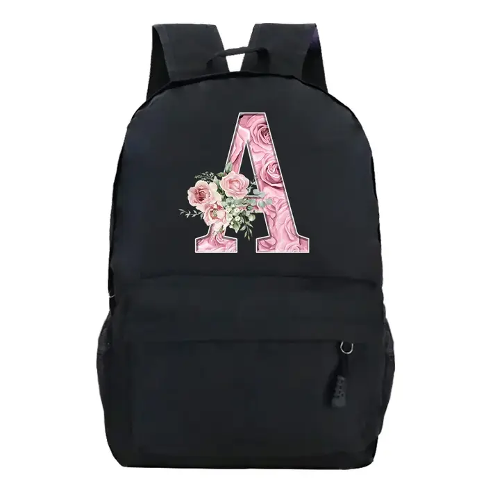 Rose Rose Alphabet sac à dos noir décontracté femmes esthétique sac à dos adolescente garçon fleur l