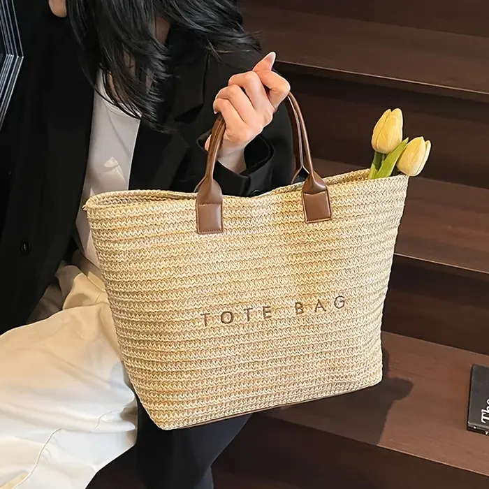 Sac fourre-tout en paille avec lettres brodées de grande capacité pour femmes