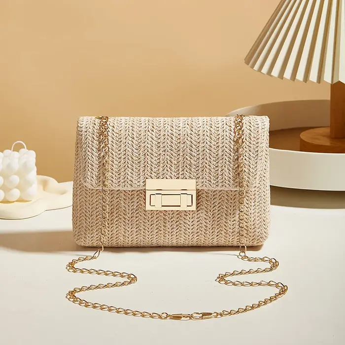 Sac à bandoulière en chaîne pour femmes, sac en paille à fermeture à boucle de grande capacité, sac