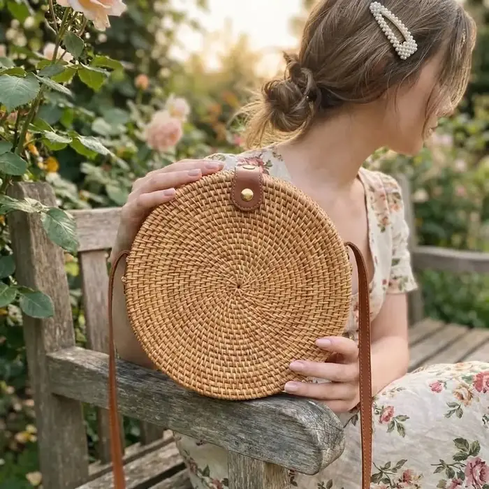 Sac bandoulière rond ajouré en rotin tressé style bohème tendance