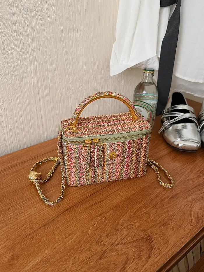 Sac à bandoulière mini en paille tressée pour femme, tendance été 2026, sac bandoulière à chaîne, st