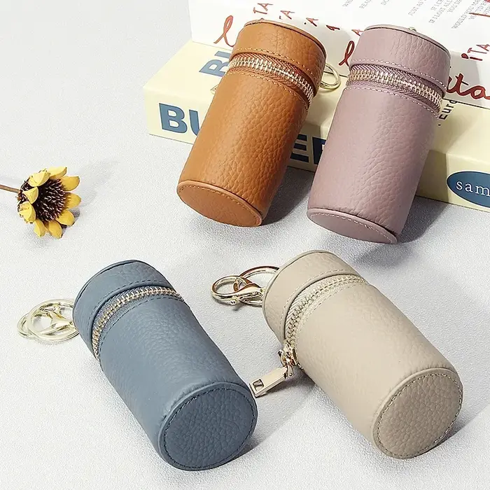 Mini sac de rouge à lèvres en cuir véritable avec porte-clés