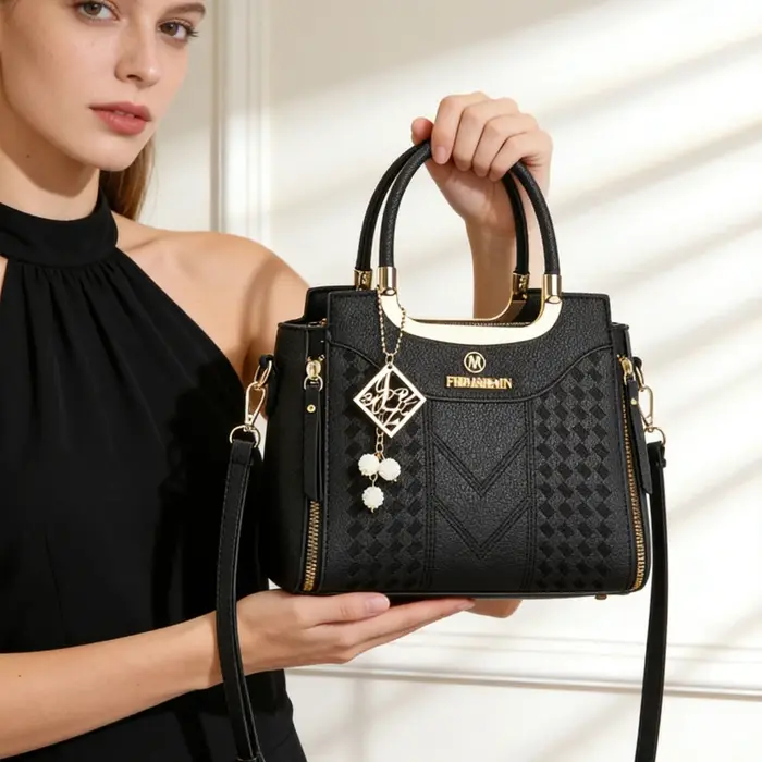 Ensemble de 3 sacs à main en cuir PU grain litchi. Ce sac bandoulière uni pour femme présente une texture haut de gamme.