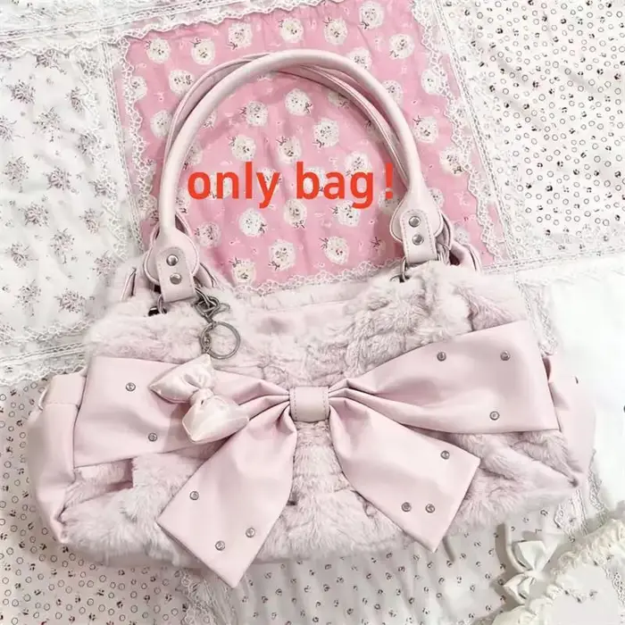 Sac à main à nœud rose mignon pour femmes, Design créatif à rivets, sac à bandoulière en peluche, fo