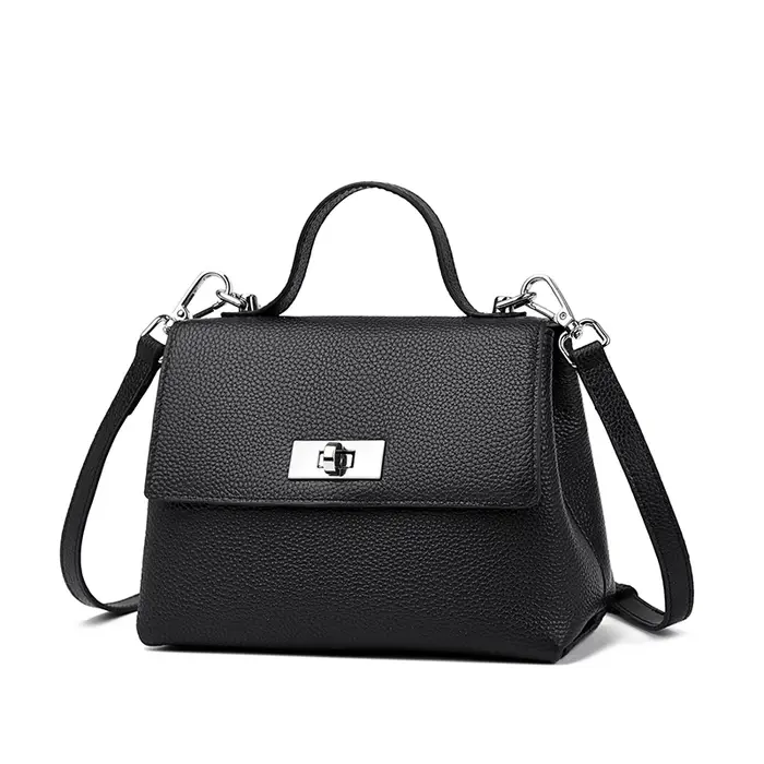 Sac bandoulière en cuir véritable à motif litchi avec boucle métallique, design de luxe, sac à l'épa