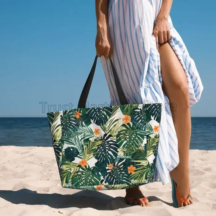 Sac de plage à feuilles et fleurs vertes tropicales pour femmes