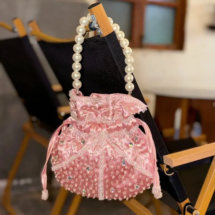 Perles perles gland fait à la main Satin seau sac perles transparentes perlé femmes sac à main dame sac à main femme épaule sous les bras sac