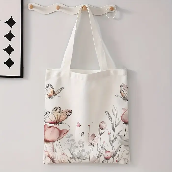 Sac fourre-tout en toile à imprimé floral papillon, adapté à un usage quotidien, aux courses, à l'éc