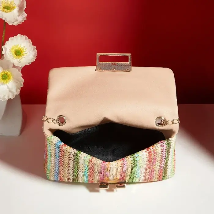 Sac à main en paille rayé multicolore pour femmes